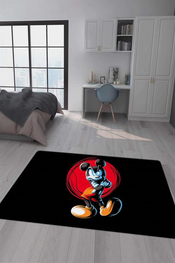 Kaymaz Taban Makinada Yıkanabilir Dijital Baskı Mickey Mouse Desenli Genç Odası Halısı Dot Taban Halı GNC63