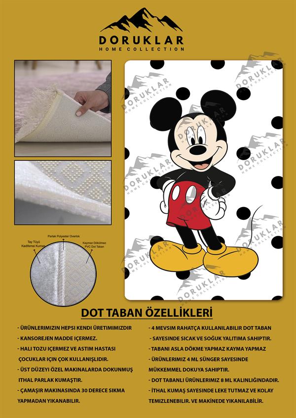Kaymaz Taban Makinada Yıkanabilir Dijital Baskı Mickey Mouse Desenli Çocuk Odası Halısı Dot Taban Halı