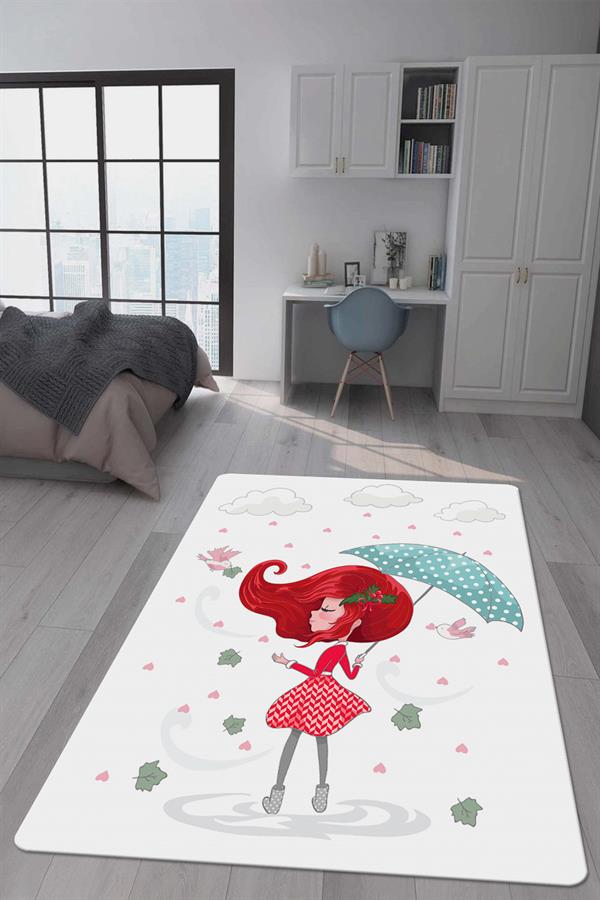 Kaymaz Taban Makinada Yıkanabilir Dijital Baskı Kız Desenli Çocuk Odası Halısı Dot Taban Halı