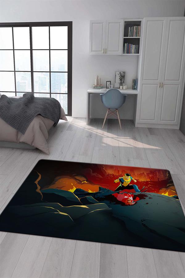 Kaymaz Taban Makinada Yıkanabilir Dijital Baskı Invincible Desenli Çocuk Odası Halısı Dot Taban Halı IC01
