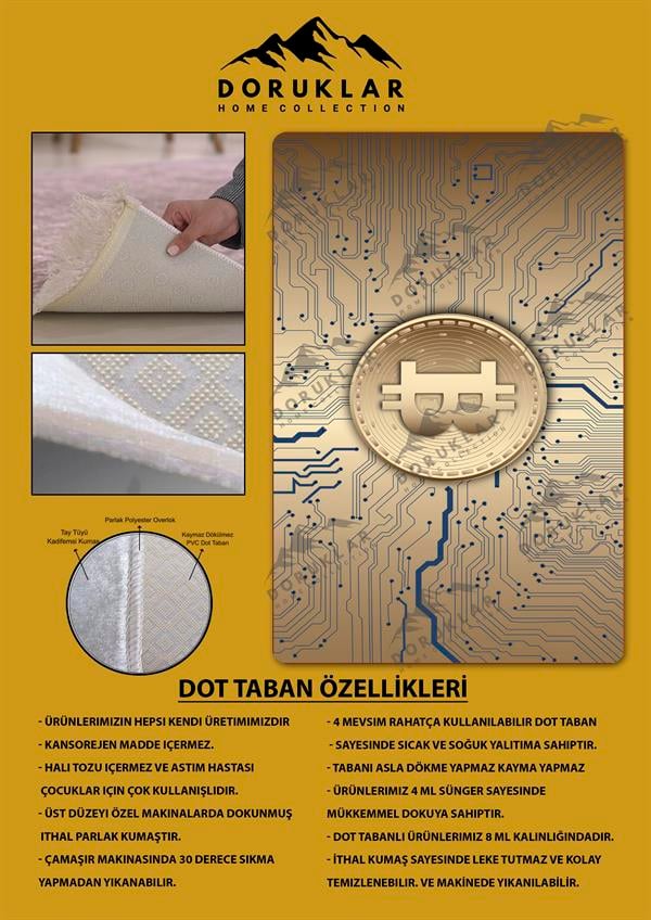 Kaymaz Taban Makinada Yıkanabilir Dijital Baskı Bitcoin Desenli Genç Odası Halısı