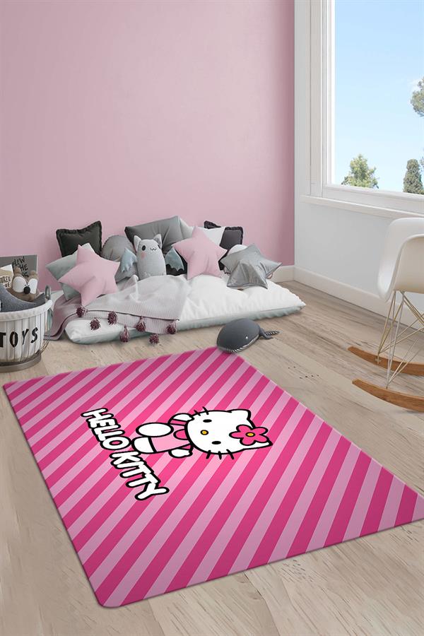 Kaymaz Taban Makinada Yıkanabilir Dijital Baskı Hello Kitty Desenli Genç ve Çocuk Odası Halısı Dot Taban Halı