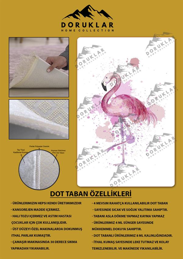 Kaymaz Taban Makinada Yıkanabilir Dijital Baskı Flamingo Desenli Çocuk Odası Halısı Dot Taban Halı