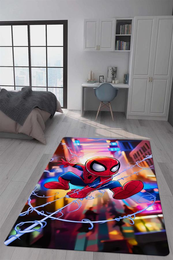Kaymaz Taban Makinada Yıkanabilir Dijital Baskı Spiderman Desenli Genç Odası Halısı Dot Taban Halı GNC18