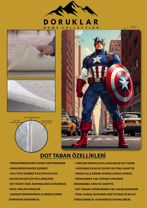Kaymaz Taban Makinada Yıkanabilir Dijital Baskı Captan America Desenli Genç Odası Halısı Dot Taban Halı GNC07