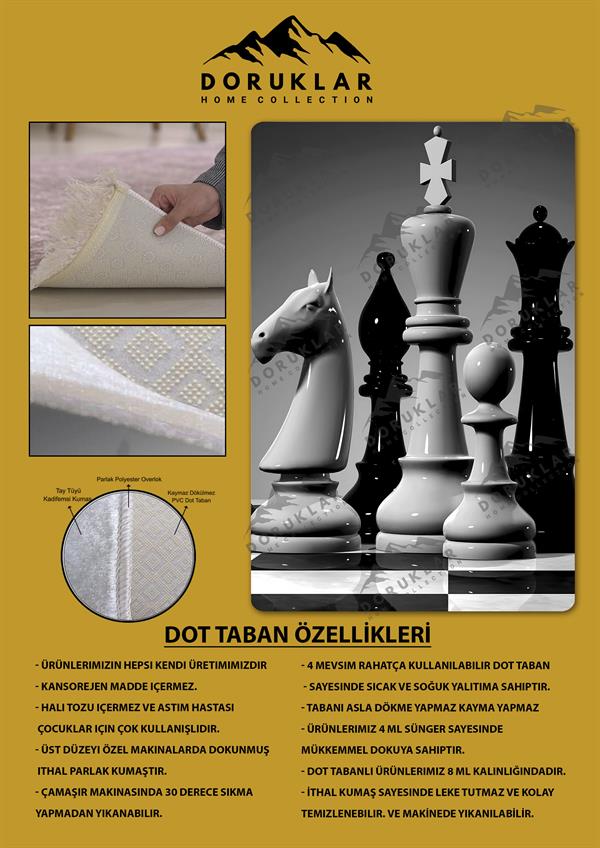 Kaymaz Taban Makinada Yıkanabilir Dijital Baskı Satranç Desenli Genç Halısı Dot Taban Halı