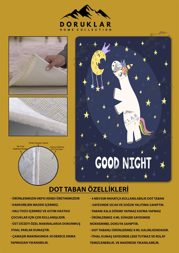 Kaymaz Taban Makinada Yıkanabilir Dijital Baskı Unicorn Desenli Çocuk Odası Halısı Dot Taban Halı