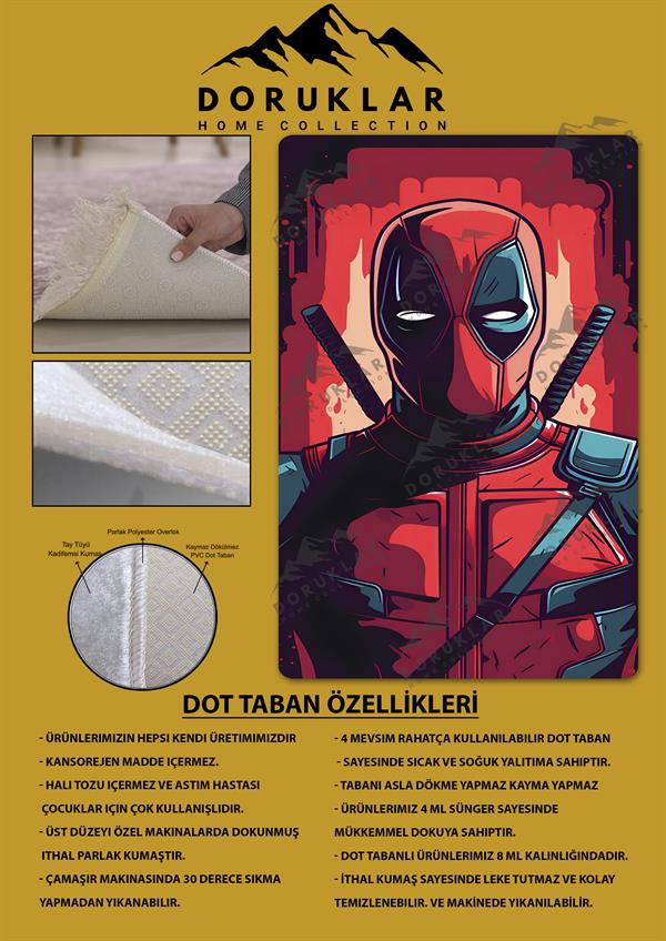 Kaymaz Taban Makinada Yıkanabilir Dijital Baskı Deadpool Desenli Genç Odası Halısı Dot Taban Halı GNC02