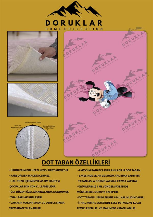Kaymaz Taban Makinada Yıkanabilir Dijital Baskı Minnie Mouse Desenli Genç Odası Halısı Dot Taban Halı GNC26