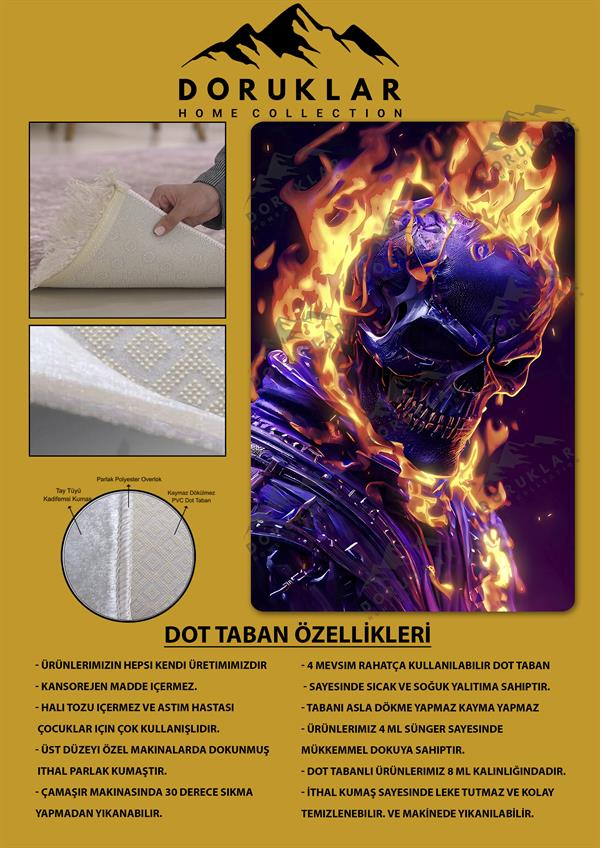 Kaymaz Taban Makinada Yıkanabilir Dijital Baskı Ghost Rider Desenli Genç Odası ve Çocuk Odası Halısı Dot Taban Halı