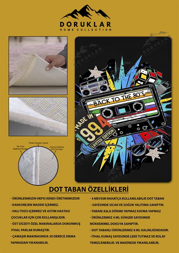 Kaymaz Taban Makinada Yıkanabilir Dijital Baskı Retro Desenli Çocuk Genç Odası Halısı Dot Taban Halı RTR04