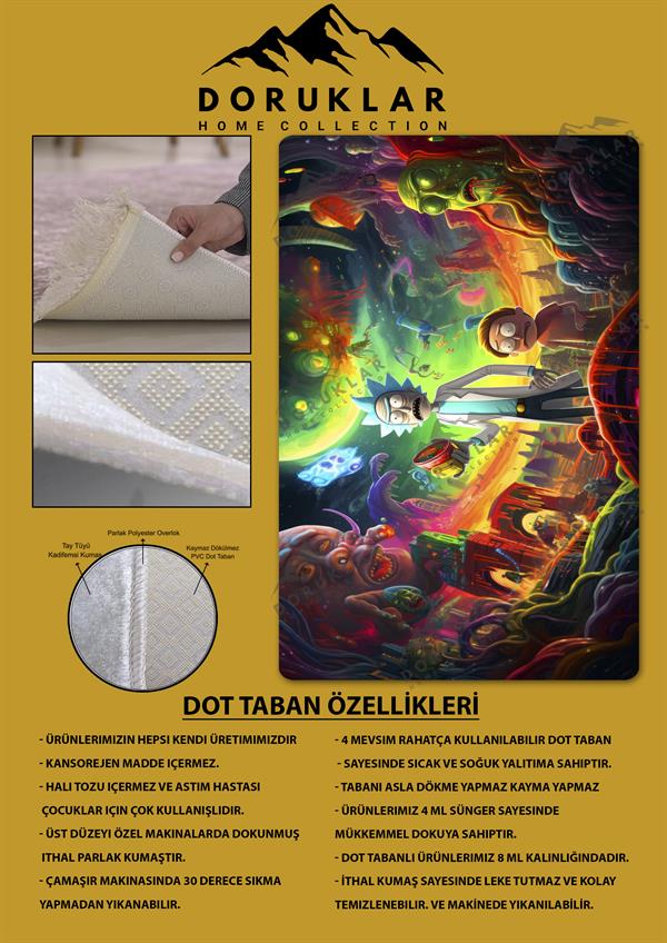 Kaymaz Taban Makinada Yıkanabilir Dijital Baskı Rick and Morty Desenli Genç Odası Halısı Dot Taban Halı GNC35
