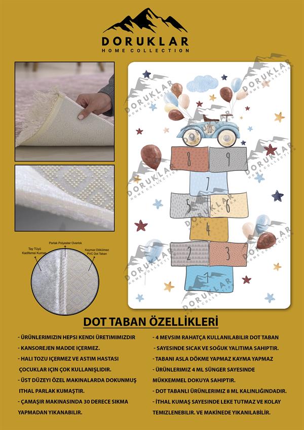 Kaymaz Taban Makinada Yıkanabilir Dijital Baskı Seksek Desenli Çocuk Odası Halısı Dot Taban Halı