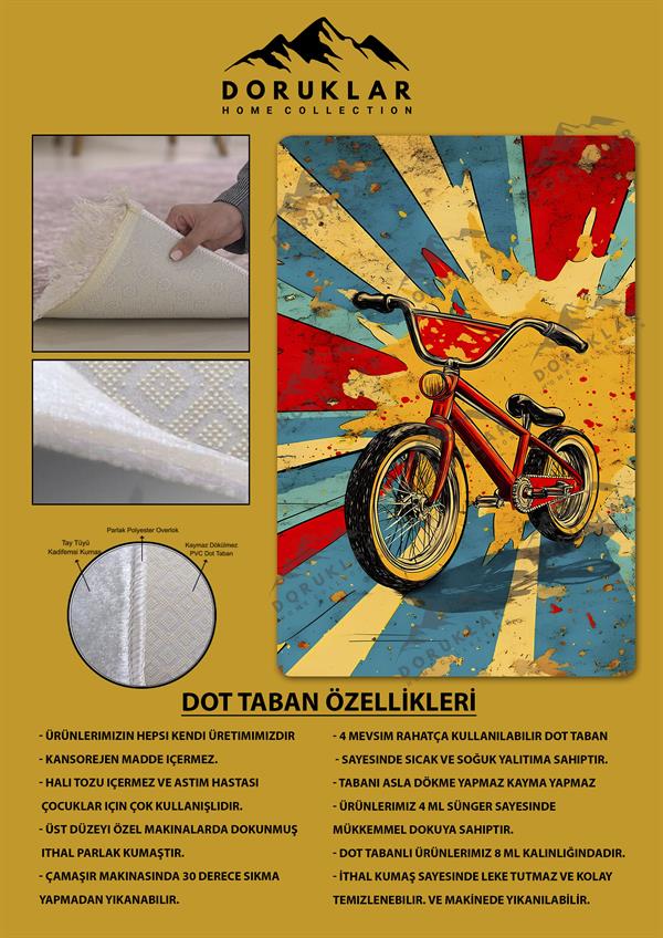 Kaymaz Taban Makinada Yıkanabilir Dijital Baskı Retro Desenli Çocuk Genç Odası Halısı Dot Taban Halı RTR14