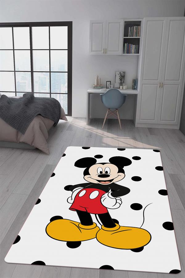 Kaymaz Taban Makinada Yıkanabilir Dijital Baskı Mickey Desenli Çocuk Odası Halısı Dot Taban Halı