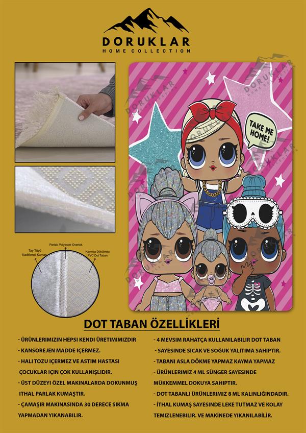 Kaymaz Taban Makinada Yıkanabilir Dijital Baskı Lol Bebekler Desenli Çocuk Odası Halısı Dot Taban Halı