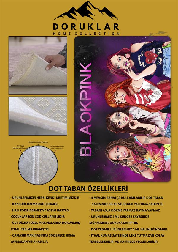 Kaymaz Taban Makinada Yıkanabilir Dijital Baskı Blackpink Desenli Genç ve Çocuk Odası Halısı