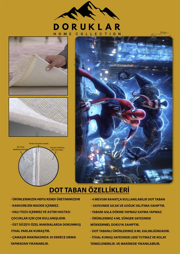 Kaymaz Taban Makinada Yıkanabilir Dijital Baskı Venom Desenli Çocuk Odası Halısı Dot Taban Halı BRK09