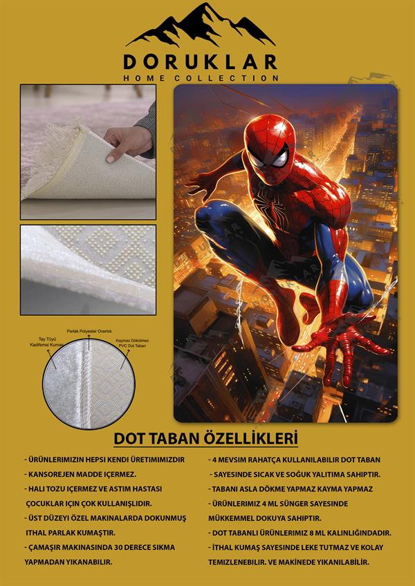 Kaymaz Taban Makinada Yıkanabilir Dijital Baskı Spiderman Desenli Genç Odası Halısı Dot Taban Halı GNC09