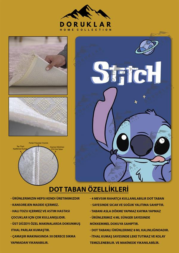 Kaymaz Taban Makinada Yıkanabilir Dijital Baskı Stitch Desenli Çocuk Odası Halısı Dot Taban Halı 0002