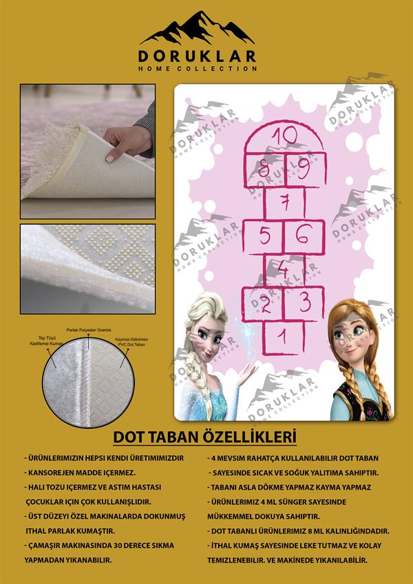 Kaymaz Taban Makinada Yıkanabilir Dijital Baskı Elsa Seksek Desenli Çocuk Odası Halısı Dot Taban Halı