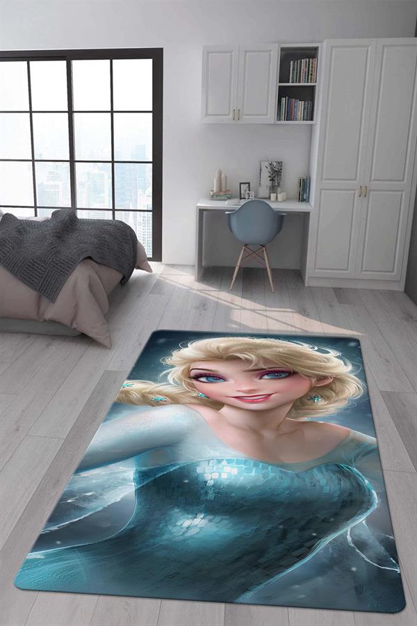 Kaymaz Taban Makinada Yıkanabilir Dijital Baskı Elsa Frozen Desenli Çocuk Odası Halısı Dot Taban Halı