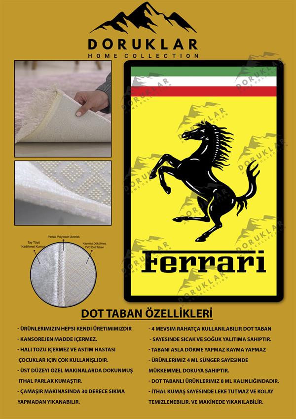 Kaymaz Taban Makinada Yıkanabilir Dijital Baskı Ferrari Desenli Genç Odası Halısı Dot Taban Halı