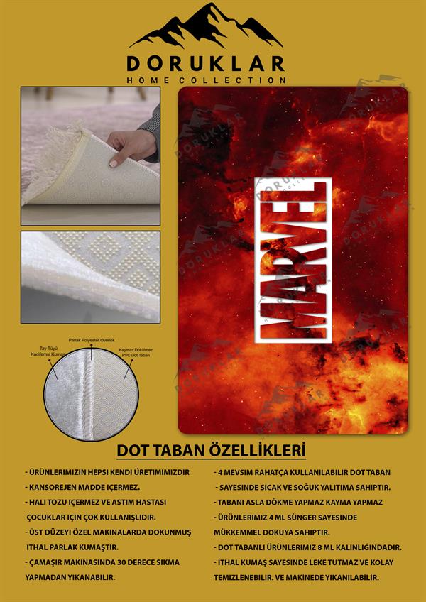 Kaymaz Taban Makinada Yıkanabilir Dijital Baskı Marvel Desenli Genç Odası ve Çocuk Odası Halısı Dot Taban Halı