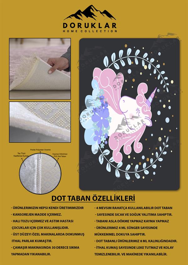Kaymaz Taban Makinada Yıkanabilir Dijital Baskı Unicorn Desenli Çocuk Odası Halısı Dot Taban Halı