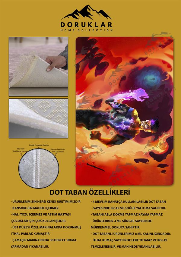 Kaymaz Taban Makinada Yıkanabilir Dijital Baskı Invincible Desenli Çocuk Odası Halısı Dot Taban Halı IC03