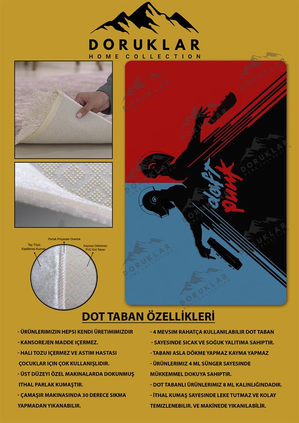 Kaymaz Taban Makinada Yıkanabilir Dijital Baskı Daft Punk Desenli Çocuk Odası Halısı Dot Taban Halı RHR14