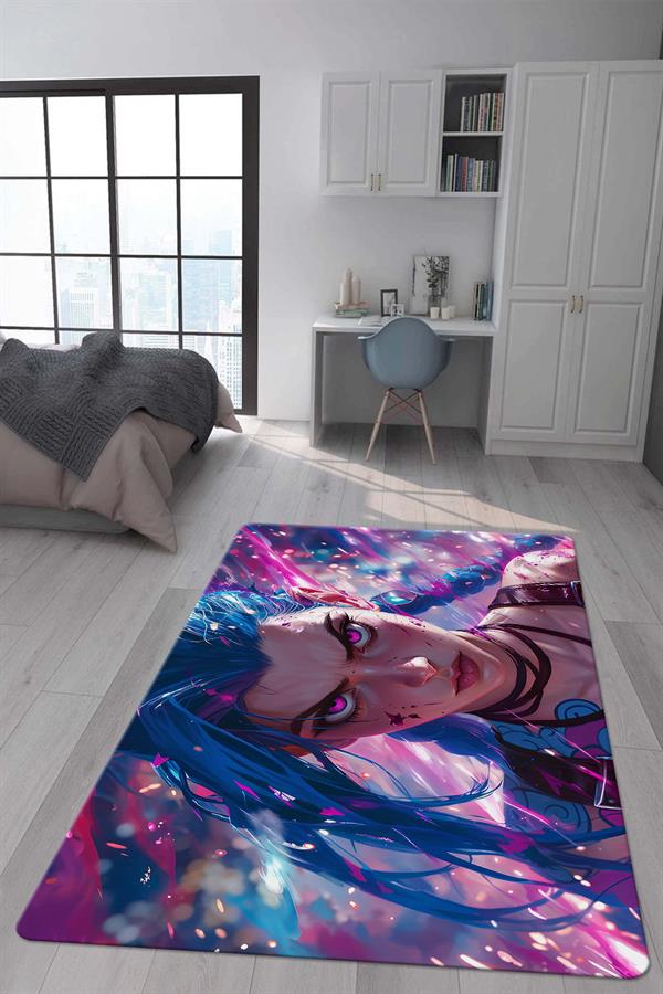 Kaymaz Taban Makinada Yıkanabilir Dijital Baskı Arcane Jinx Desenli Genç Odası Halısı Dot Taban Halı