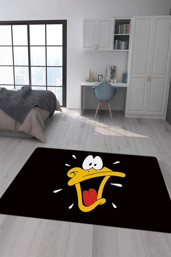 Kaymaz Taban Makinada Yıkanabilir Dijital Baskı Duffy Duck Desenli Genç ve Çocuk Odası Halısı Dot Taban Halı