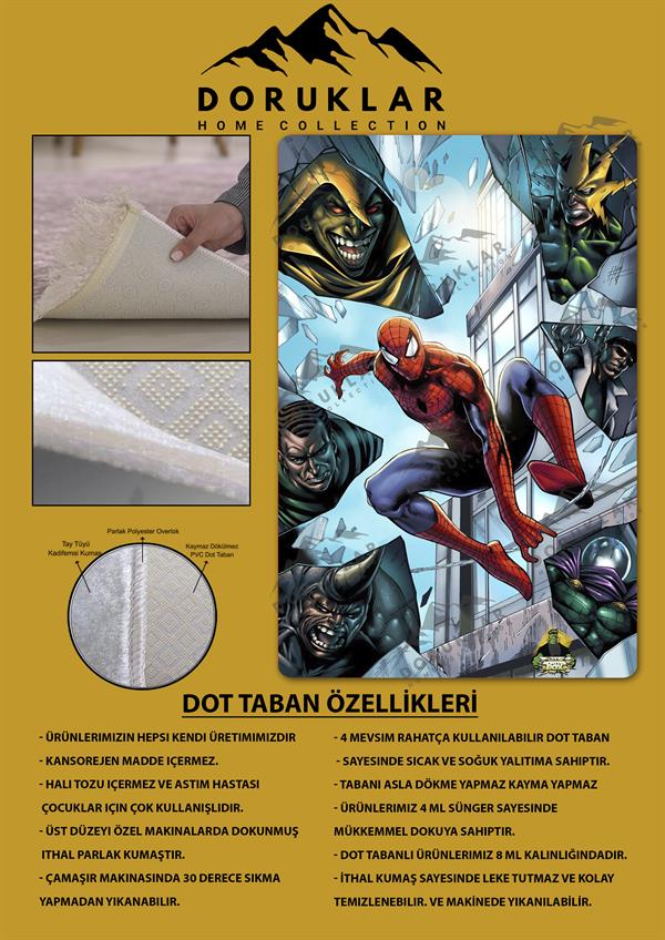 Kaymaz Taban Makinada Yıkanabilir Dijital Baskı Spiderman Desenli Çocuk Odası Halısı Dot Taban Halı