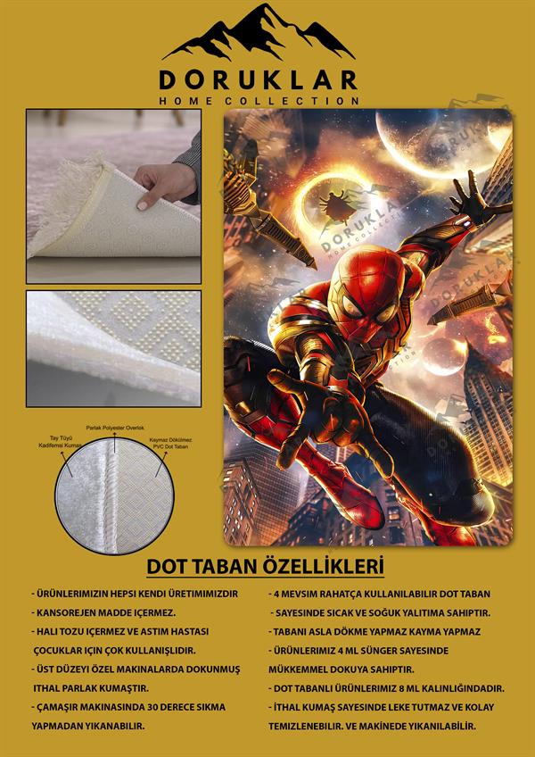 Kaymaz Taban Makinada Yıkanabilir Dijital Baskı Spiderman Desenli Genç Odası Halısı Dot Taban Halı GNC04