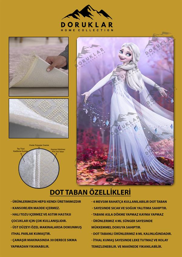 Kaymaz Taban Makinada Yıkanabilir Dijital Baskı Elsa Frozen Desenli Çocuk Odası Halısı Dot Taban Halı