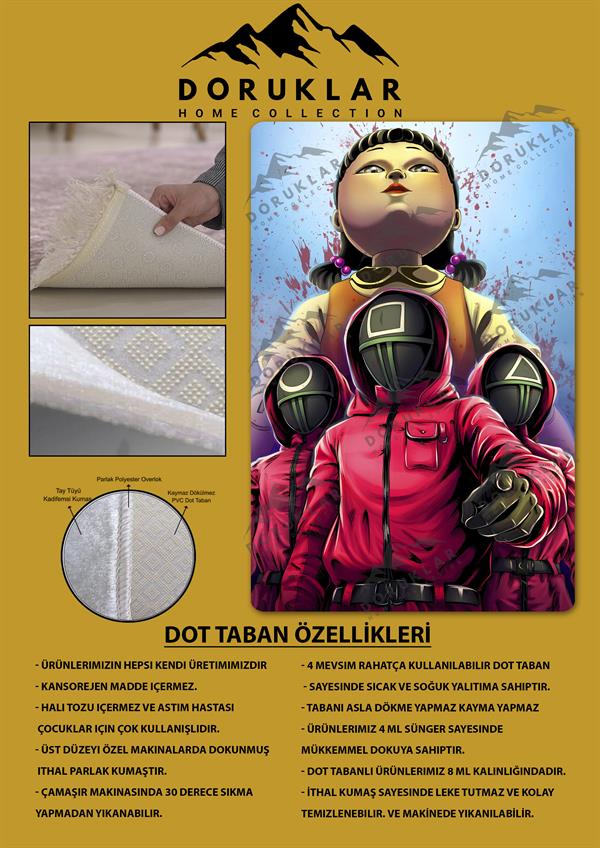 Kaymaz Taban Makinada Yıkanabilir Dijital Baskı Squid Game Desenli Genç Odası Halısı Dot Taban Halı SG03