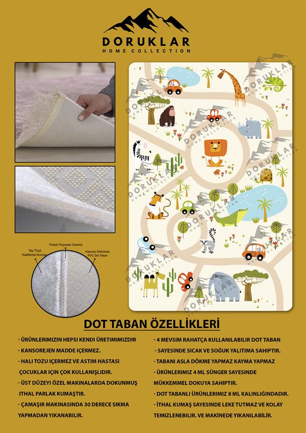 Kaymaz Taban Makinada Yıkanabilir Dijital Baskı Yol Desenli Çocuk Odası Halısı Dot Taban Halı