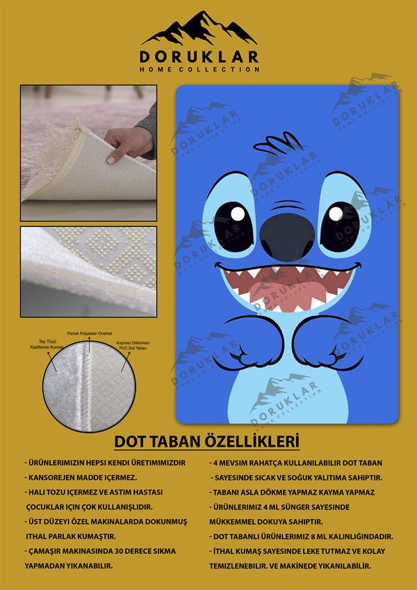 Kaymaz Taban Makinada Yıkanabilir Dijital Baskı Stitch Desenli Çocuk Odası Halısı Dot Taban Halı 0005