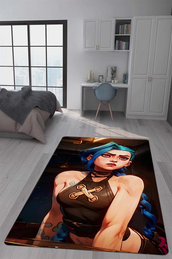 Kaymaz Taban Makinada Yıkanabilir Dijital Baskı Arcane Jinx Desenli Çocuk Odası Halısı Dot Taban Halı ARC03