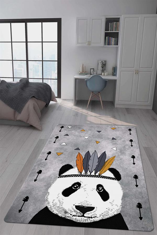 Kaymaz Taban Makinada Yıkanabilir Dijital Baskı Panda Desenli Çocuk Odası Halısı Dot Taban Halı