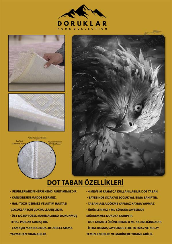 Kaymaz Taban Makinada Yıkanabilir Dijital Baskı Kartal Desenli Genç Odası Halısı