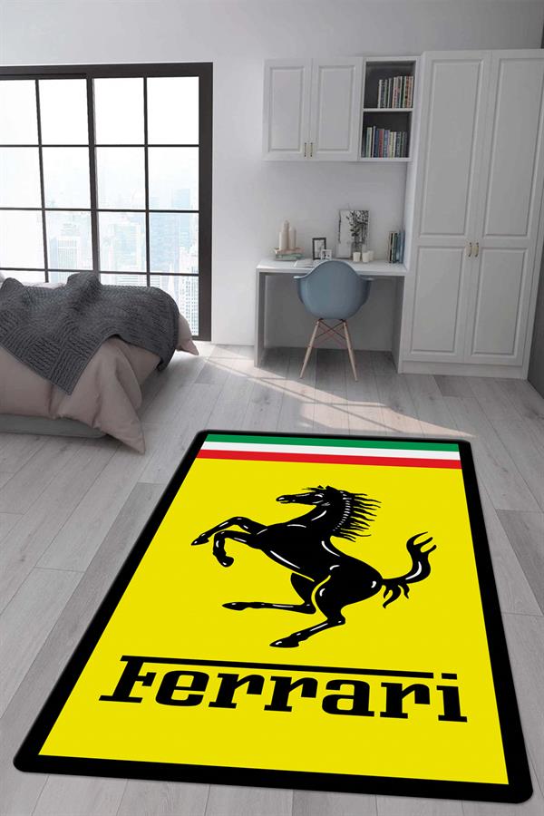 Kaymaz Taban Makinada Yıkanabilir Dijital Baskı Ferrari Desenli Genç Odası Halısı Dot Taban Halı