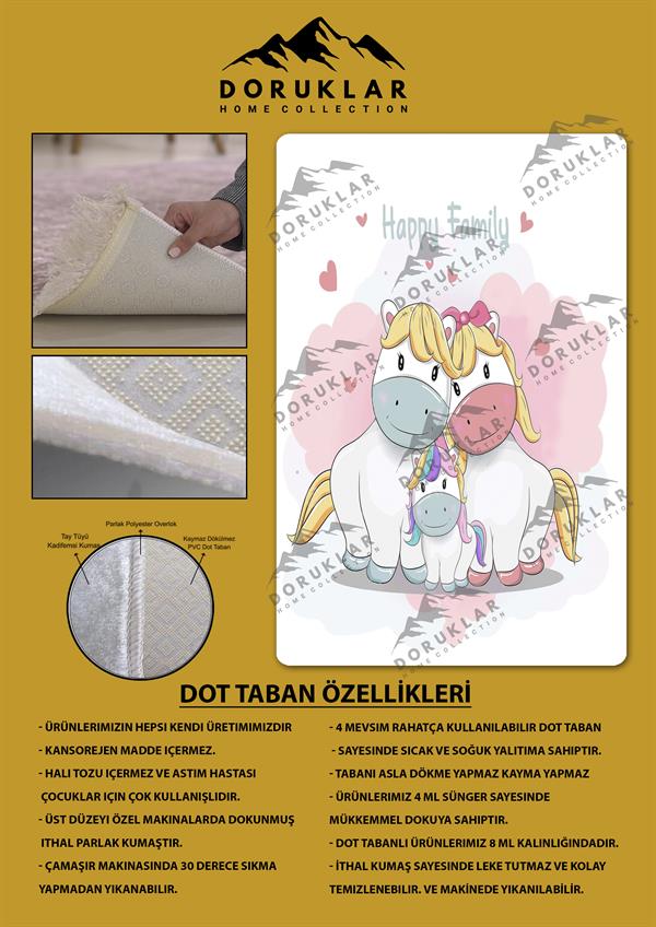 Kaymaz Taban Makinada Yıkanabilir Dijital Baskı Unicorn Aile Desenli Çocuk Odası Halısı Dot Taban Halı