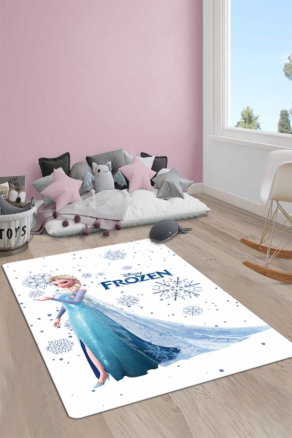 Kaymaz Taban Makinada Yıkanabilir Dijital Baskı Elsa Frozen Desenli Çocuk Odası Halısı Dot Taban Halı