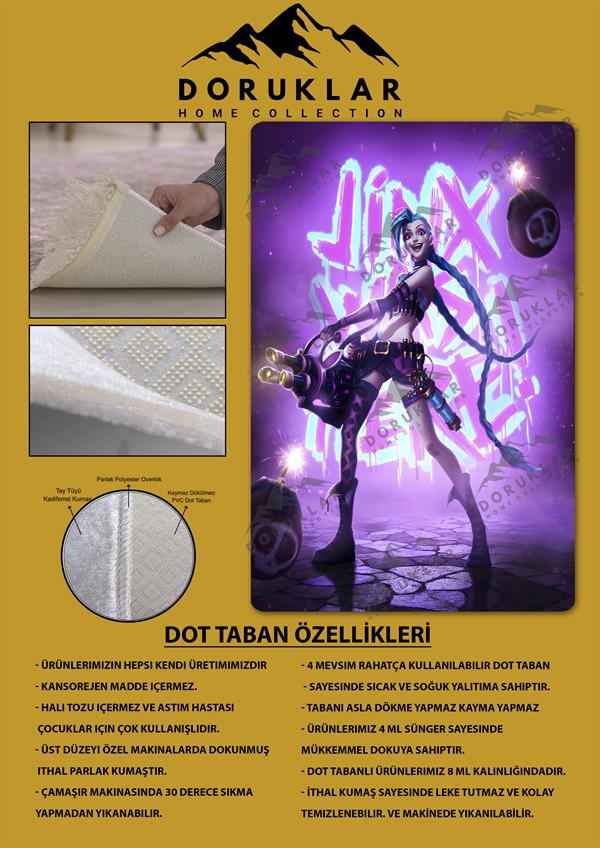 Kaymaz Taban Makinada Yıkanabilir Dijital Baskı Arcane Jinx Desenli Genç Odası Halısı Dot Taban Halı