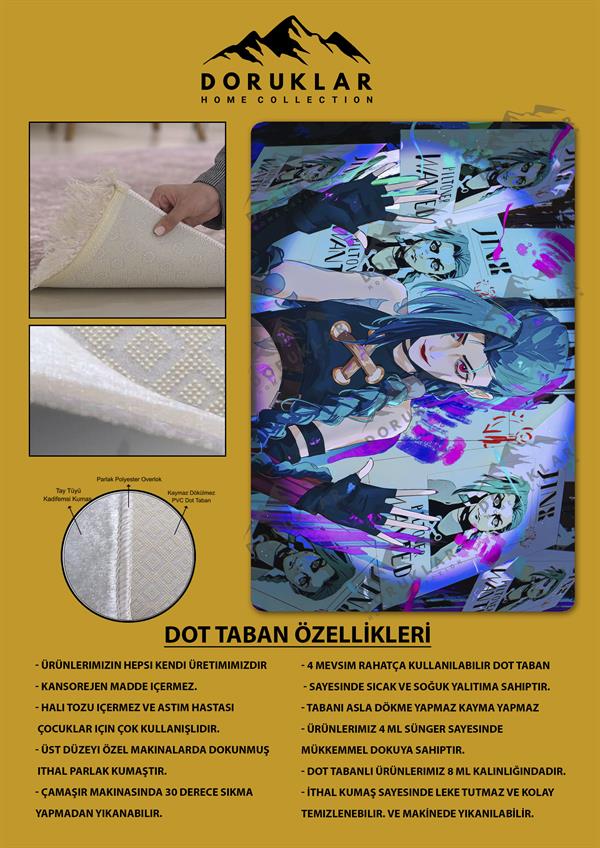 Kaymaz Taban Makinada Yıkanabilir Dijital Baskı Arcane Jinx Desenli Çocuk Odası Halısı Dot Taban Halı ARC23