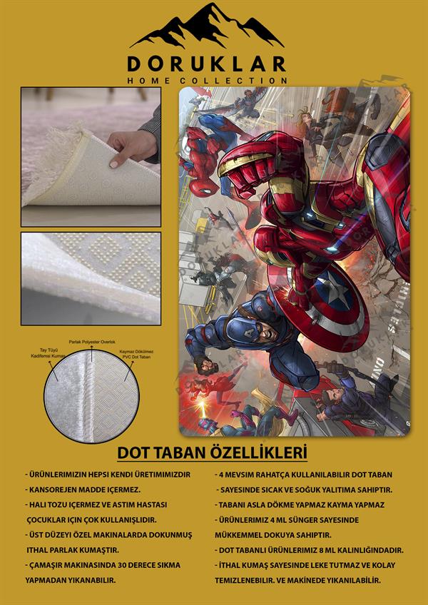 Kaymaz Taban Makinada Yıkanabilir Dijital Baskı Marvel Avengers Desenli Genç Odası Halısı Dot Taban Halı GNC66