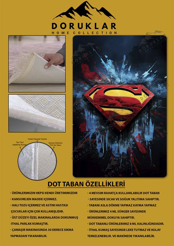 Kaymaz Taban Makinada Yıkanabilir Dijital Baskı SüperMan Desenli Genç Odası Halısı Dot Taban Halı
