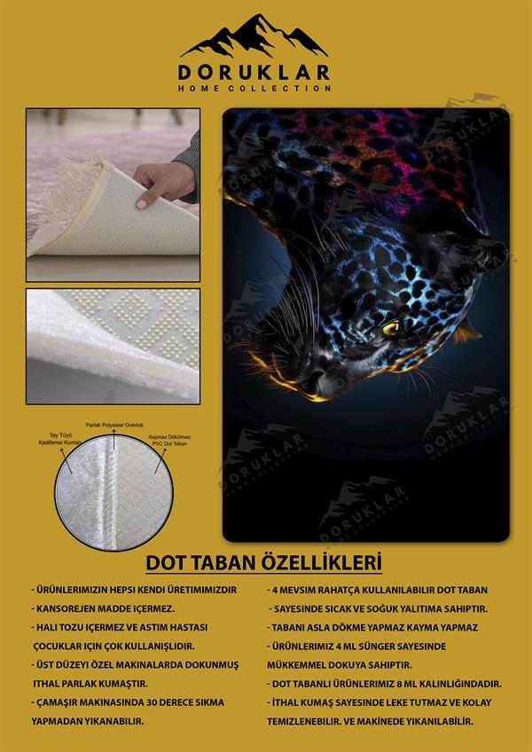 Kaymaz Taban Makinada Yıkanabilir Dijital Baskı Leopar Desenli Çocuk Halısı